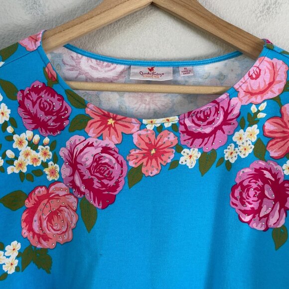 Quacker Factory Womens XL Floral Embellished Top Blue Pink Roses 3/4 Sleeve - Picture 2 of 8